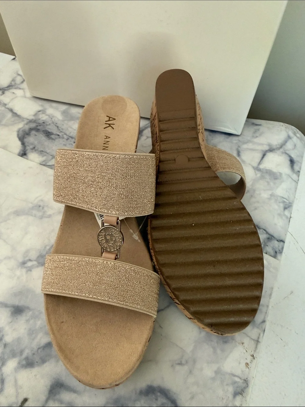 Anne Klein Beige/Tan Sparkle Double‑Strap Wedge Sandals
